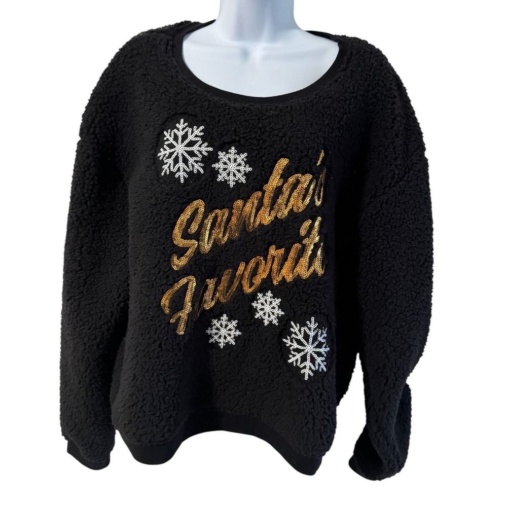 Christmas Sweatshirt Women XXL‎ Black Excellent Sherpa Sequin Santa's Favorite